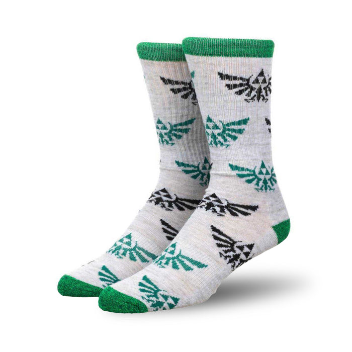 A pair of grey crew socks with a repeating pattern of the black and green Zelda Triforce logo. }}
