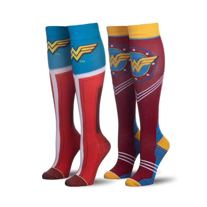 Two pairs of women's Wonder Woman knee-high socks. One pair is red and blue, the other is burgundy and gold. Both feature Wonder Woman's logo. }}
