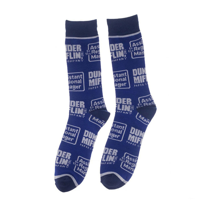 Pair of blue The Office socks with repeated Dunder Mifflin Paper Company logo.