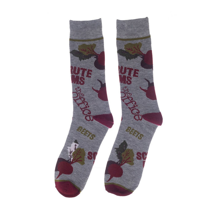 Pair of gray crew socks featuring beets and