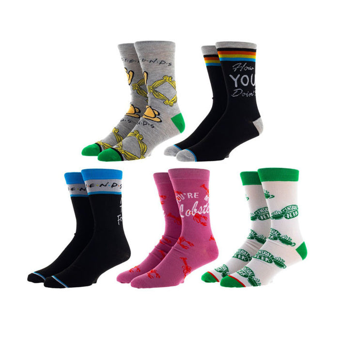 Five pairs of crew socks in Friends-themed designs: gray with the show's logo, black with 'How You Doin'', pink with lobsters, and cream/green with Central Perk. }}