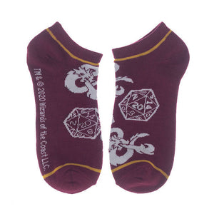 Close-up of a pair of burgundy D&D socks with dice and logo details.
