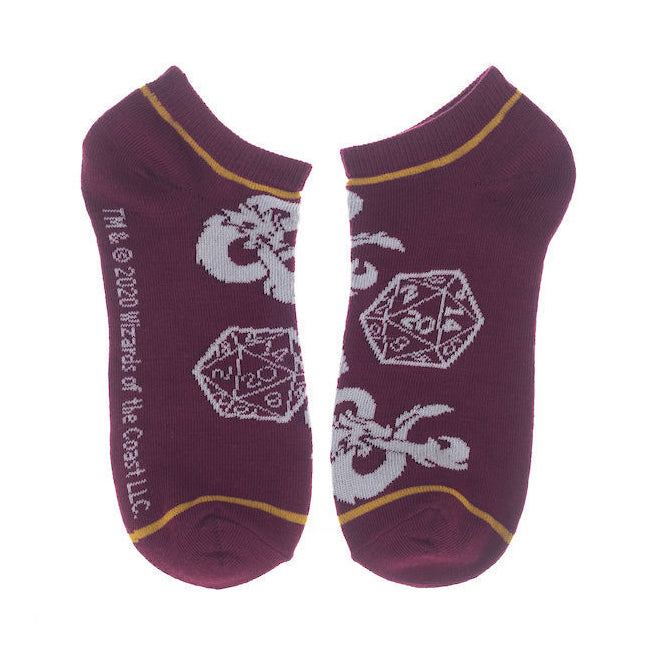 Close-up of a pair of burgundy D&D socks with dice and logo details.
