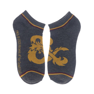 Close-up of a pair of gray D&D socks featuring the iconic Dungeons & Dragons logo.