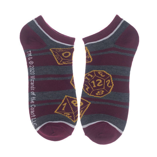 Close-up of burgundy and gray striped socks with D20 images.