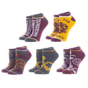 Five pairs of D&D ankle socks. Designs include the D20, D&D logo, and phrases like 'Roll for Initiative'. Colors are burgundy, gray, and gold.