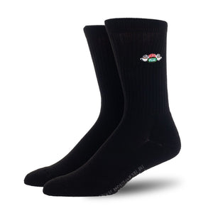 Lifestyle shot: Two pairs of black Friends socks displayed against a white background.