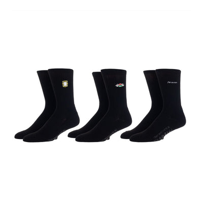Product shot of three pairs of black crew socks with embroidered Friends logos: the frame, coffee cups, and the show's title.