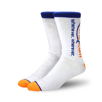 Pair of white crew socks with orange and blue cuffs and a vertical wuphf.com logo.