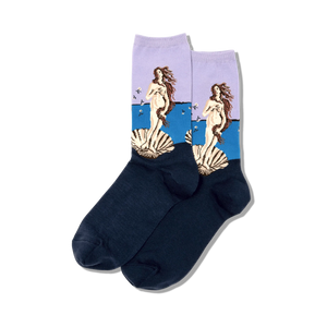 Pair of women's crew socks. Blue and purple hues feature Botticelli's Birth of Venus artwork.