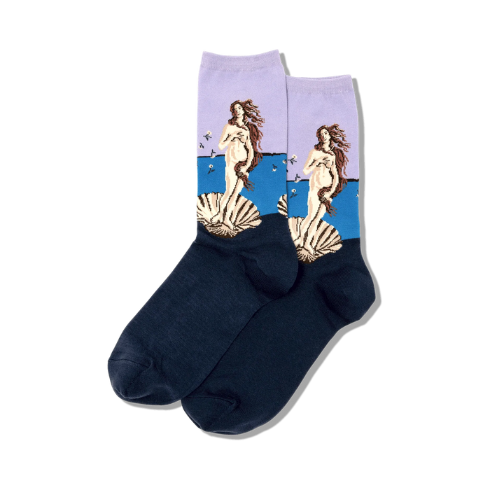 botticelli's birth of venus painting printed on dark blue women's crew socks with light purple band at the top.   