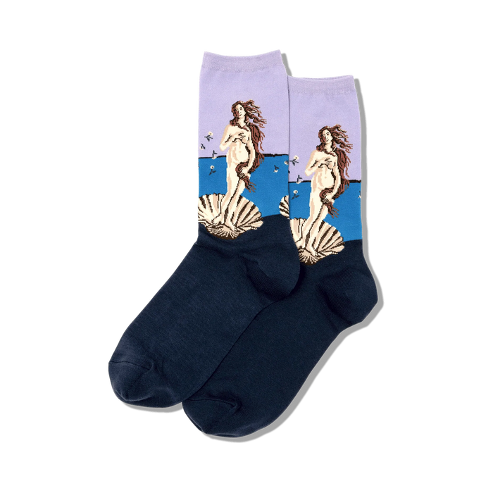 Pair of women's crew socks. Blue and purple hues feature Botticelli's Birth of Venus artwork.