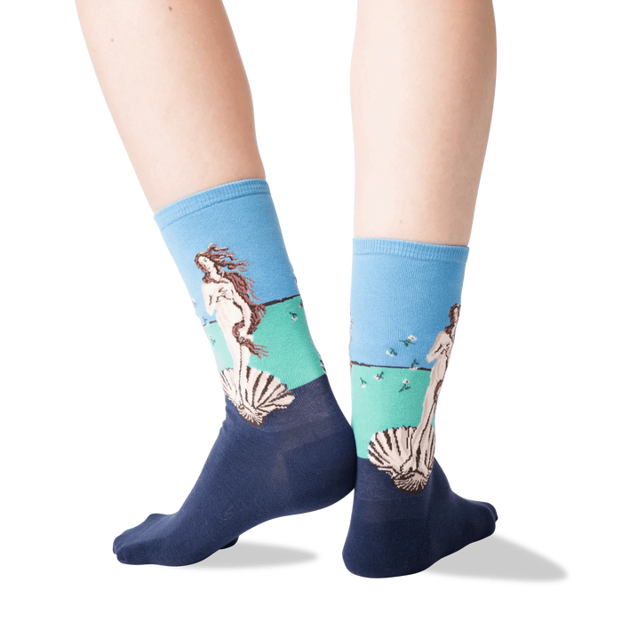 Back view lifestyle shot of a person wearing the socks against a dark grey background.