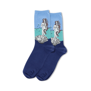 botticelli's birth of venus womens blue socks with repeating nude woman and flower pattern.  