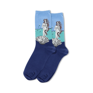 Product shot of Botticelli's Birth of Venus socks against a black background.