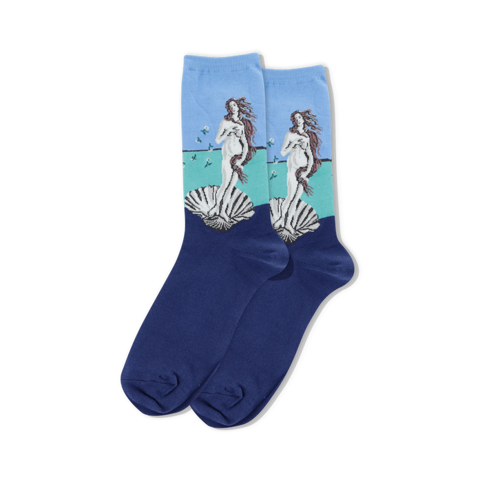 botticelli's birth of venus womens blue socks with repeating nude woman and flower pattern.  