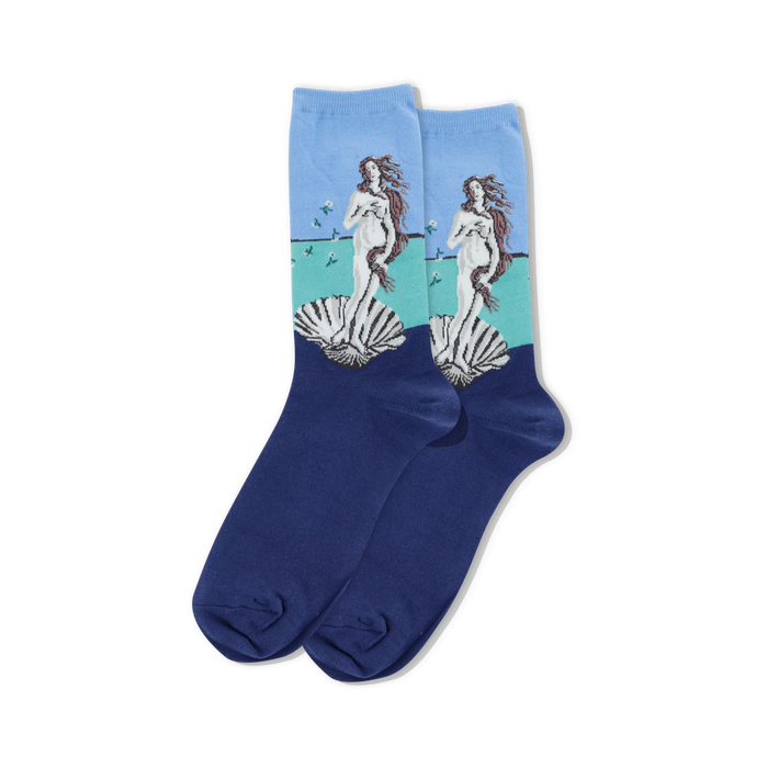 Product shot of Botticelli's Birth of Venus socks against a black background.