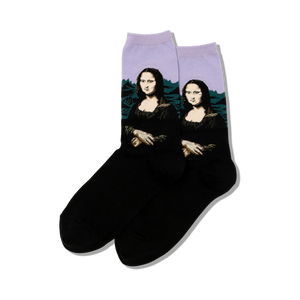 Pair of black crew socks with a repeated image of the Mona Lisa on a lavender background.