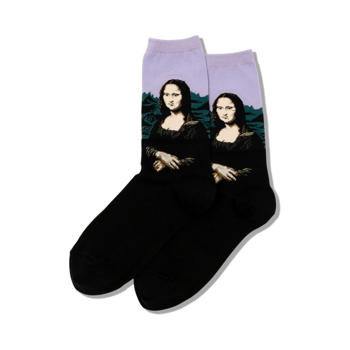 Pair of black crew socks with a repeated image of the Mona Lisa on a lavender background.