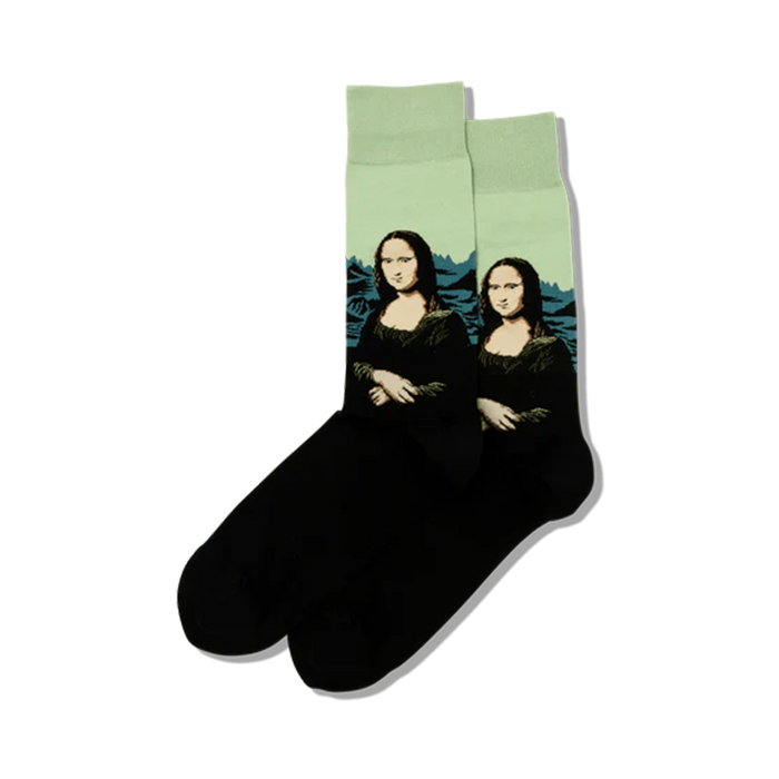 black and green crew socks featuring leonardo da vinci's mona lisa painting, suitable for women.  
