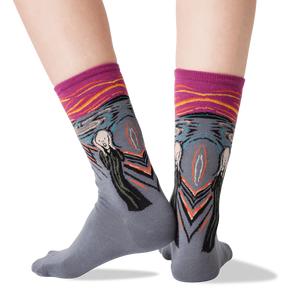 Back view of The Scream socks on a model's feet; showcasing the full design.