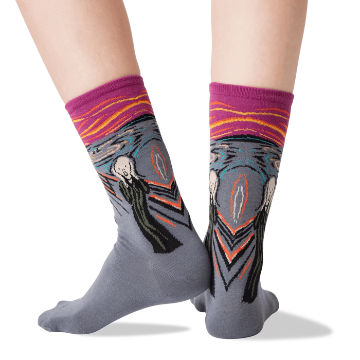 Back view of The Scream socks on a model's feet; showcasing the full design.