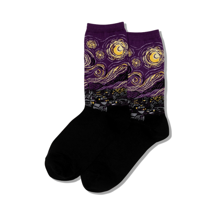 Crew socks featuring Van Gogh's Starry Night. Purple and yellow design on a black background.  Swirling night sky and village scene.