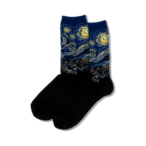 Close-up showing detail of the Van Gogh's Starry Night design on blue crew socks.