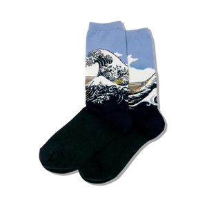 Lifestyle shot of the Hokusai's Great Wave socks on a person's feet, showcasing the socks in a casual setting.