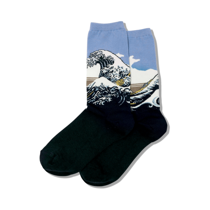 Lifestyle shot of the Hokusai's Great Wave socks on a person's feet, showcasing the socks in a casual setting.