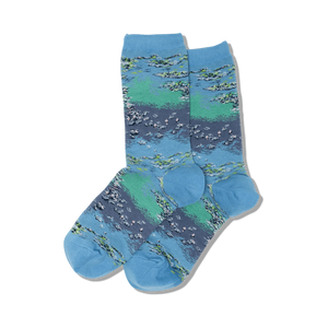 Pair of women's crew socks in blue, green, and purple. Features a Monet's Waterlilies inspired design.