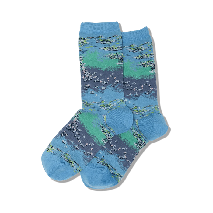 Pair of women's crew socks in blue, green, and purple. Features a Monet's Waterlilies inspired design.