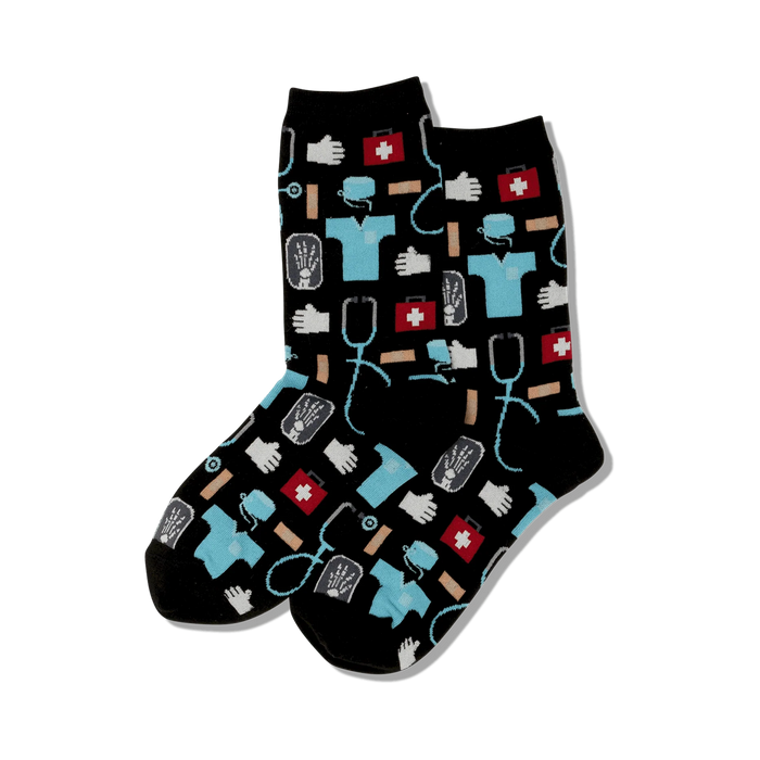 black crew socks with medical symbols including gloves, stethoscope, first aid kit, x-ray, and scrubs. women's.  