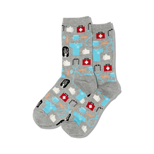 Pair of gray crew socks with a pattern of medical icons.  Same design as the black socks, but on a gray background.