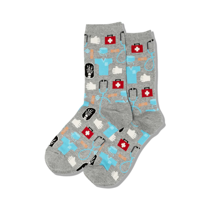gray crew socks with red crosses, stethoscopes, and other medical symbols for women.    