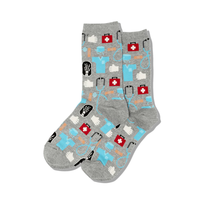 Pair of gray crew socks with a pattern of medical icons.  Same design as the black socks, but on a gray background.