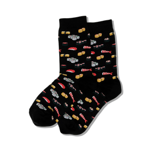 Pair of crew socks, black and pink options, featuring a fun pattern of various sushi pieces.