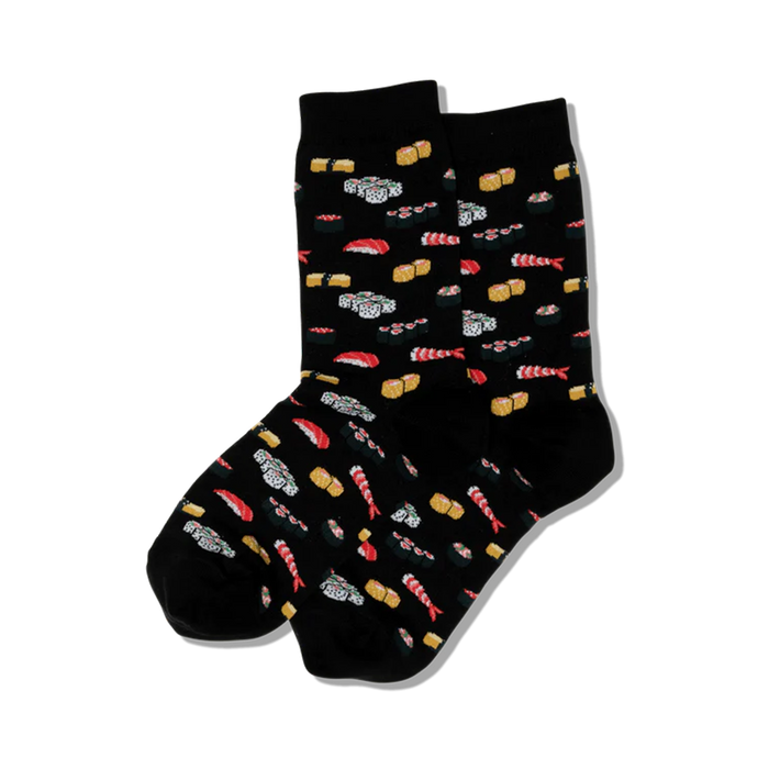 Pair of crew socks, black and pink options, featuring a fun pattern of various sushi pieces.