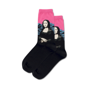black crew socks with a painting of mona lisa on the front.    