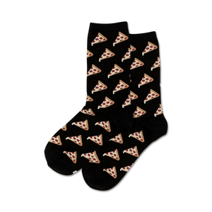 Pair of crew socks; black background with repeating pattern of pizza slices; each slice has pepperoni and cheese.