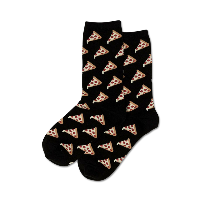 Pair of crew socks; black background with repeating pattern of pizza slices; each slice has pepperoni and cheese.