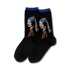 Pair of black crew socks with a colorful image of Vermeer's 'Girl with a Pearl Earring' on each sock. Blue and brown accents.