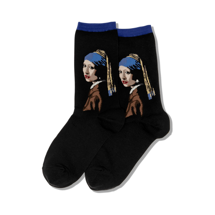 Pair of black crew socks with a colorful image of Vermeer's 'Girl with a Pearl Earring' on each sock. Blue and brown accents.