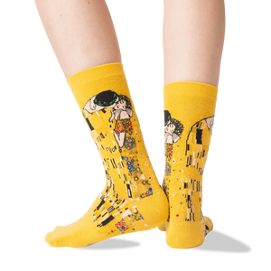 Back view of a person wearing Klimt's The Kiss socks, highlighting the back of the design.