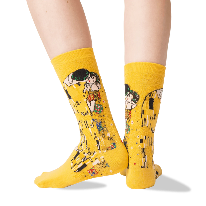 Back view of a person wearing Klimt's The Kiss socks, highlighting the back of the design.