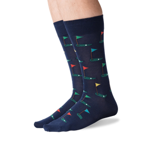 Lifestyle shot of Golf Navy socks on a model's legs, showing how the socks look when worn.