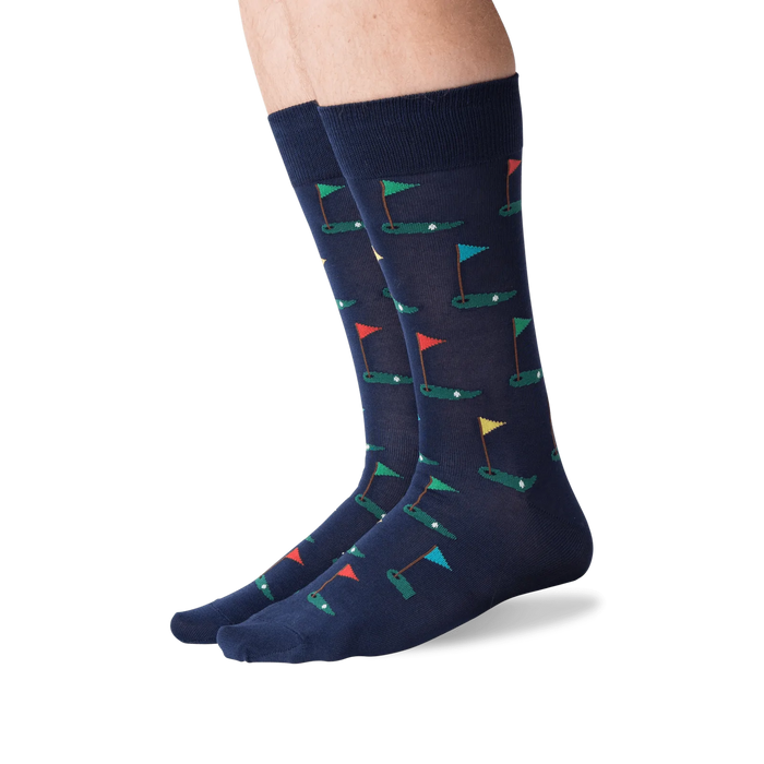 Lifestyle shot of Golf Navy socks on a model's legs, showing how the socks look when worn.