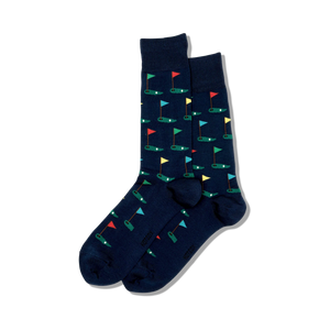 Pair of navy blue crew socks with a repeating pattern of colorful golf flags on putting greens.