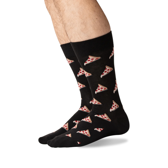 Lifestyle shot of a person wearing black pizza socks, showing the socks from the knees down.