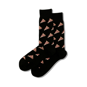 Pair of black crew socks with a repeating pattern of pepperoni pizza slices.